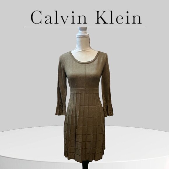Calvin Klein Tan Knit Pleated Fit & Flare Long Sleeve Sweater Dress Size Medium - Picture 1 of 8